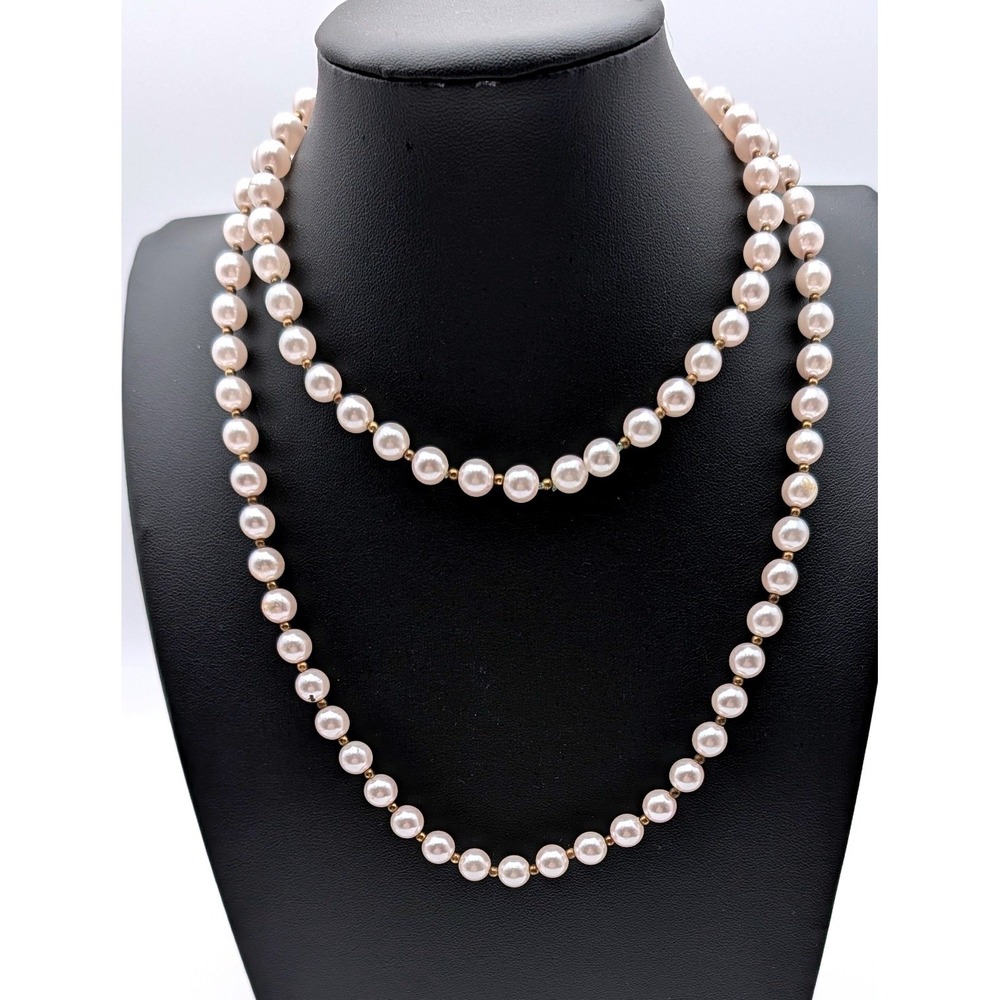 Vintage Faux Pearl Strand Necklace Cream Gold Tone Spacers 32 Inch Long Classic